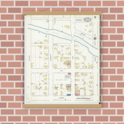 Old map wall art mockup — magnetic wood frame on brick wall — Sanborn Fire Insurance Map from Bellevue, Eaton County, Michigan (1916), Sheet #0003