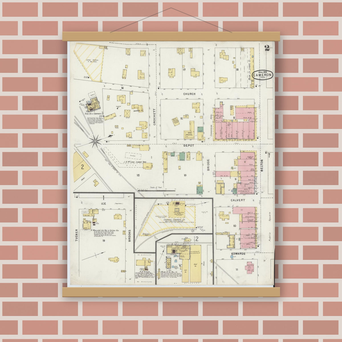 Old map wall art mockup — magnetic wood frame on brick wall — Sanborn Fire Insurance Map from Cameron, Milam County, Texas (1896), Sheet #0002
