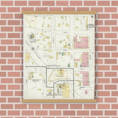 Old map wall art mockup — magnetic wood frame on brick wall — Sanborn Fire Insurance Map from Cameron, Milam County, Texas (1896), Sheet #0002