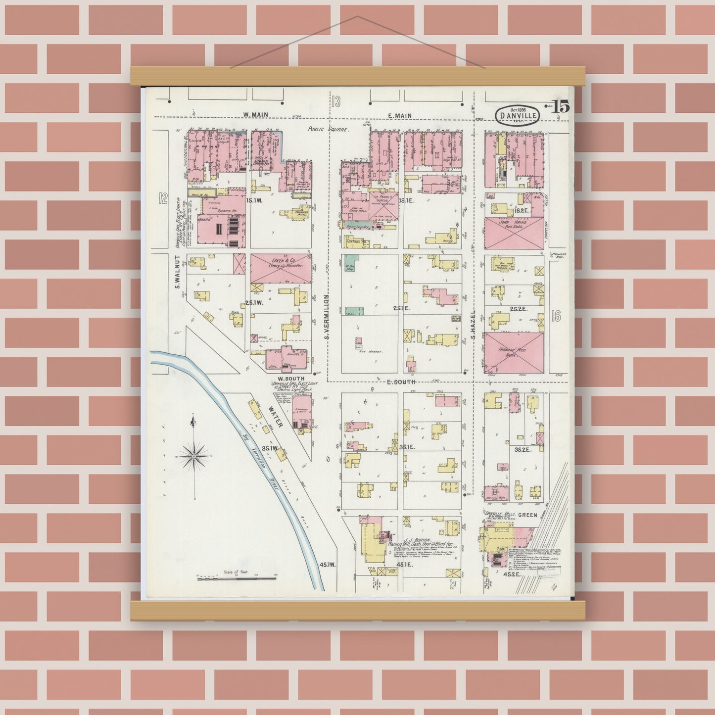 Old map wall art mockup — magnetic wood frame on brick wall — Sanborn Fire Insurance Map from Danville, Vermilion County, Illinois (1895), Sheet #0015