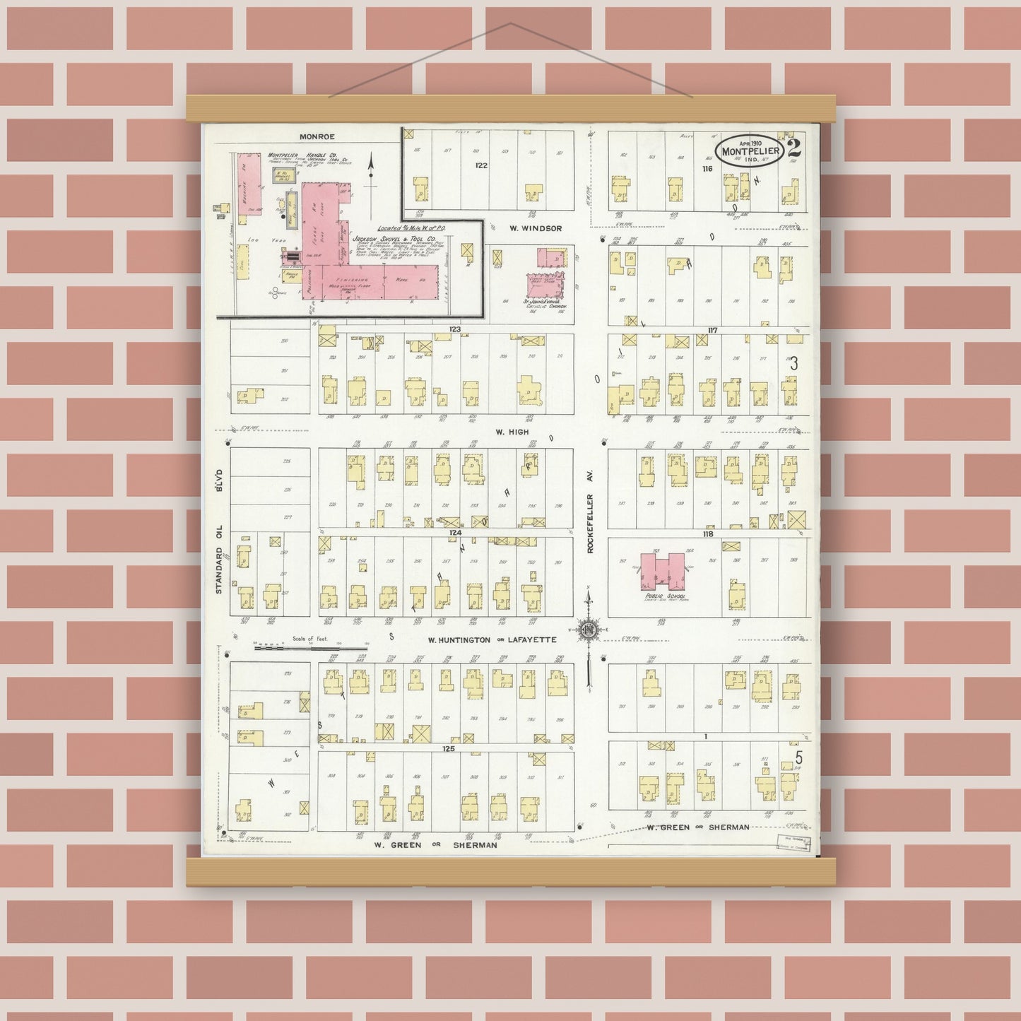 Old map wall art mockup — magnetic wood frame on brick wall — Sanborn Fire Insurance Map from Montpelier, Blackford County, Indiana (1910), Sheet #0002