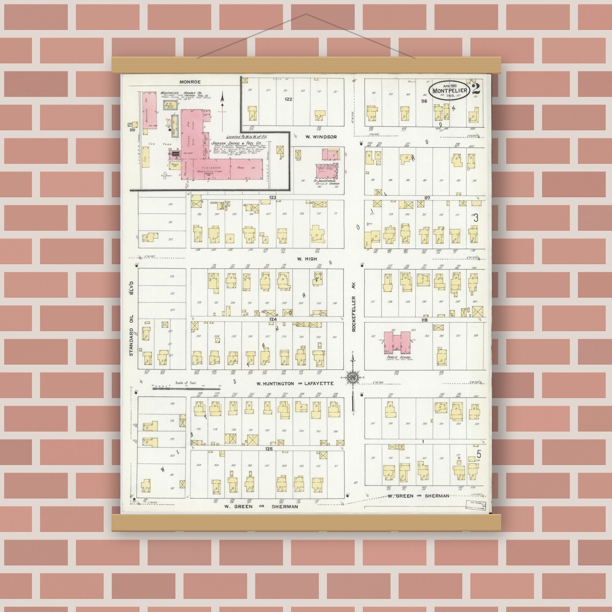 Old map wall art mockup — magnetic wood frame on brick wall — Sanborn Fire Insurance Map from Montpelier, Blackford County, Indiana (1910), Sheet #0002