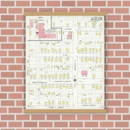 Old map wall art mockup — magnetic wood frame on brick wall — Sanborn Fire Insurance Map from Montpelier, Blackford County, Indiana (1910), Sheet #0002