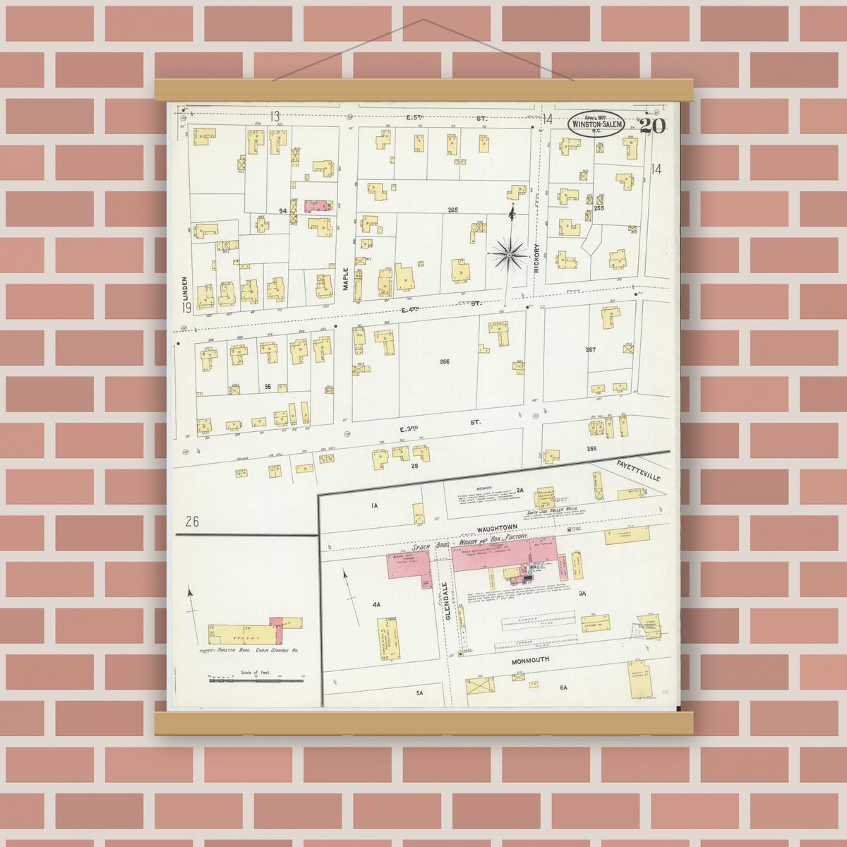 Old map wall art mockup — magnetic wood frame on brick wall — Sanborn Fire Insurance Map from Winston-Salem, Forsyth County, North Carolina (1907), Sheet #0020