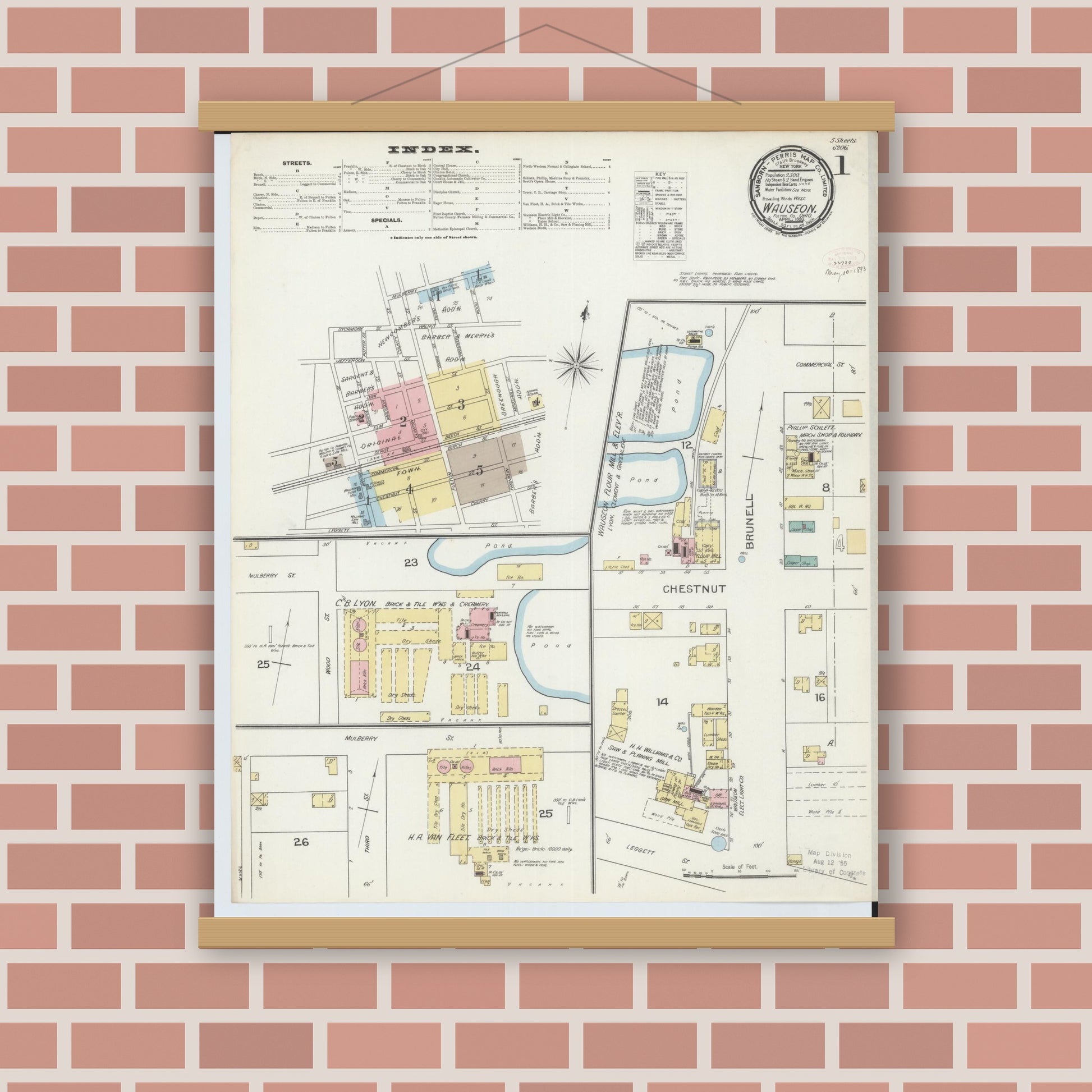 Old map wall art mockup — magnetic wood frame on brick wall — Sanborn Fire Insurance Map from Wauseon, Fulton County, Ohio (1893), Sheet #0001