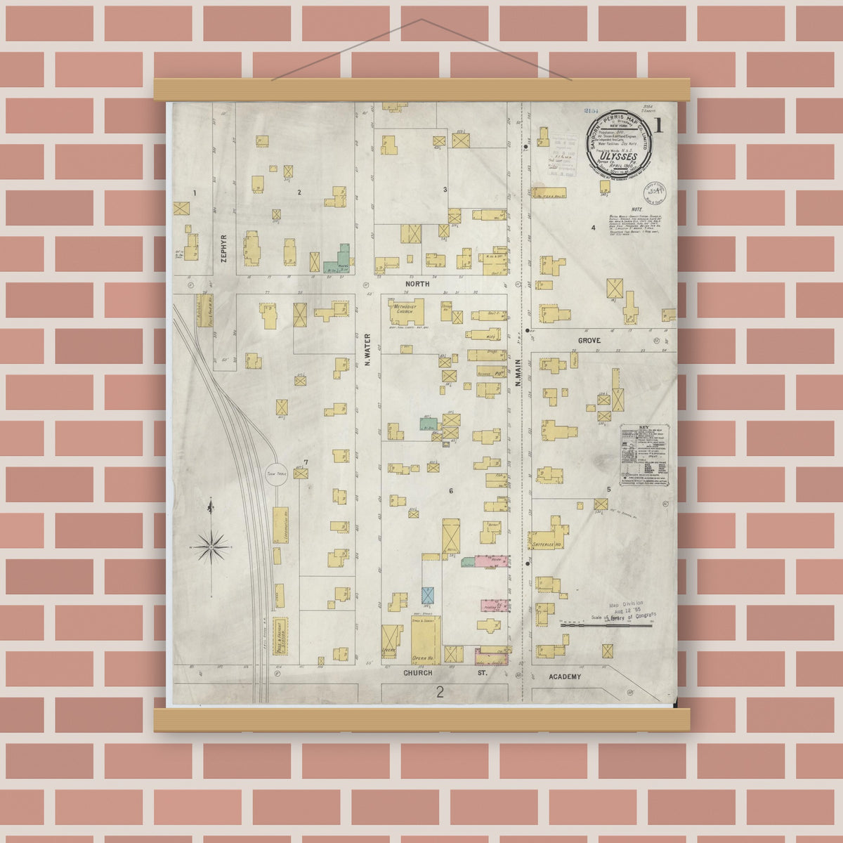 Old map wall art mockup — magnetic wood frame on brick wall — Sanborn Fire Insurance Map from Ulysses, Potter County, Pennsylvania (1900) - Complete Map Set