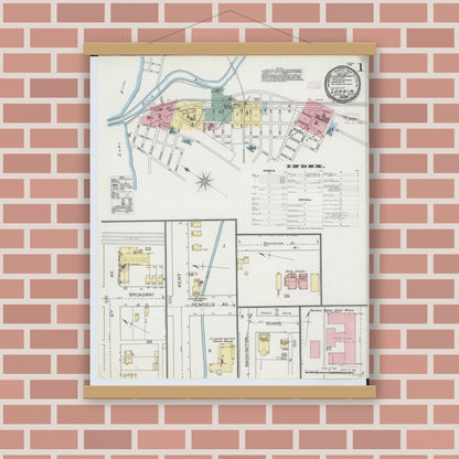 Old map wall art mockup — magnetic wood frame on brick wall — Sanborn Fire Insurance Map from Lorain, Lorain County, Ohio (1893), Sheet #0001