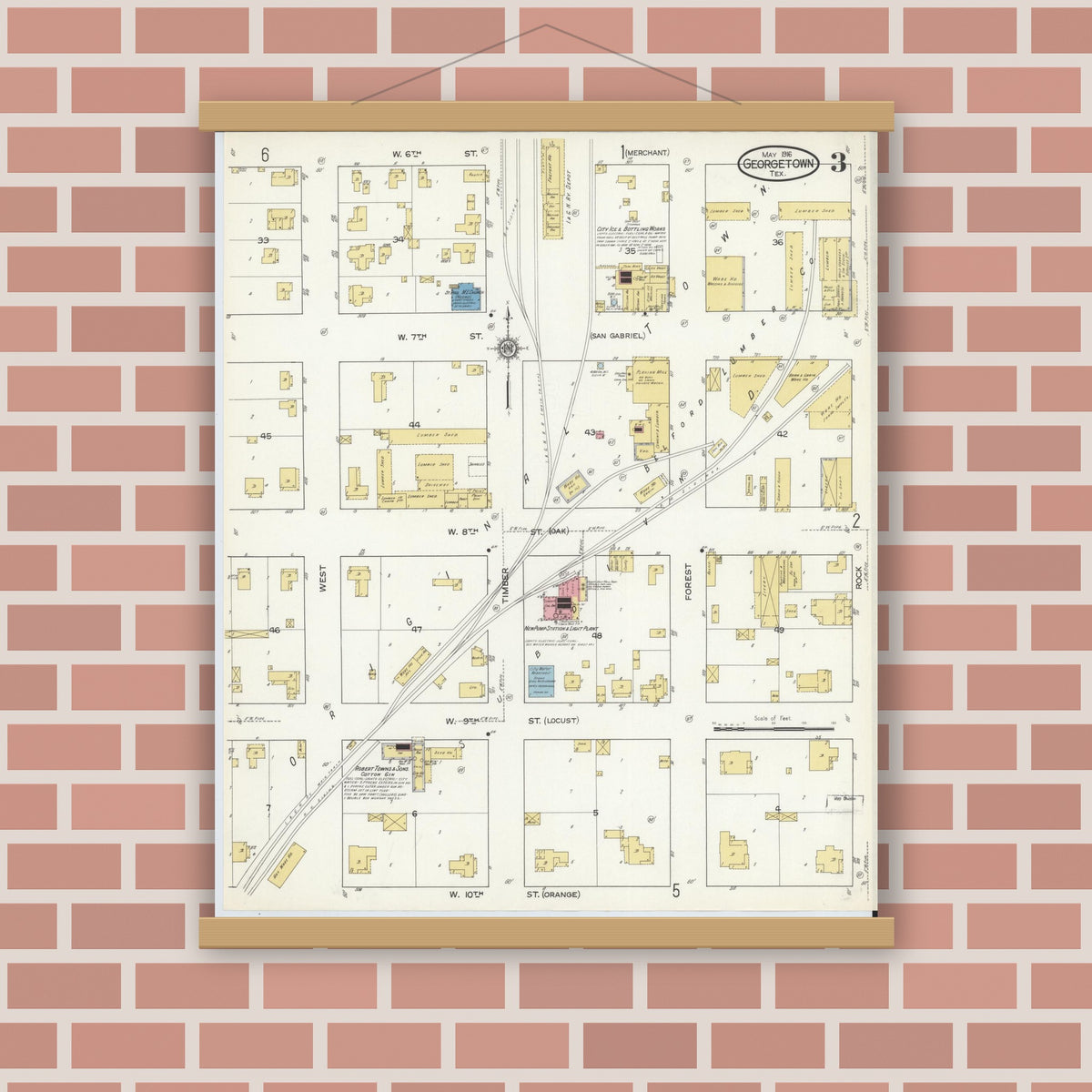 Old map wall art mockup — magnetic wood frame on brick wall — Sanborn Fire Insurance Map from Georgetown, Williamson County, Texas (1916), Sheet #0003