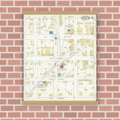Old map wall art mockup — magnetic wood frame on brick wall — Sanborn Fire Insurance Map from Georgetown, Williamson County, Texas (1916), Sheet #0003