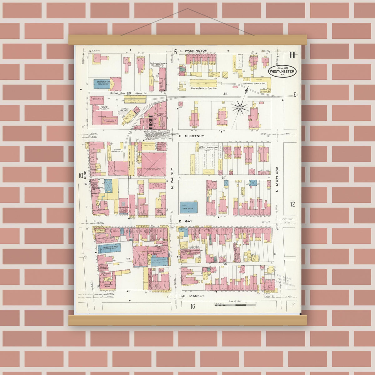 Old map wall art mockup — magnetic wood frame on brick wall — Sanborn Fire Insurance Map from West Chester, Chester County, Pennsylvania (1909), Sheet #0011