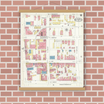 Old map wall art mockup — magnetic wood frame on brick wall — Sanborn Fire Insurance Map from West Chester, Chester County, Pennsylvania (1909), Sheet #0011