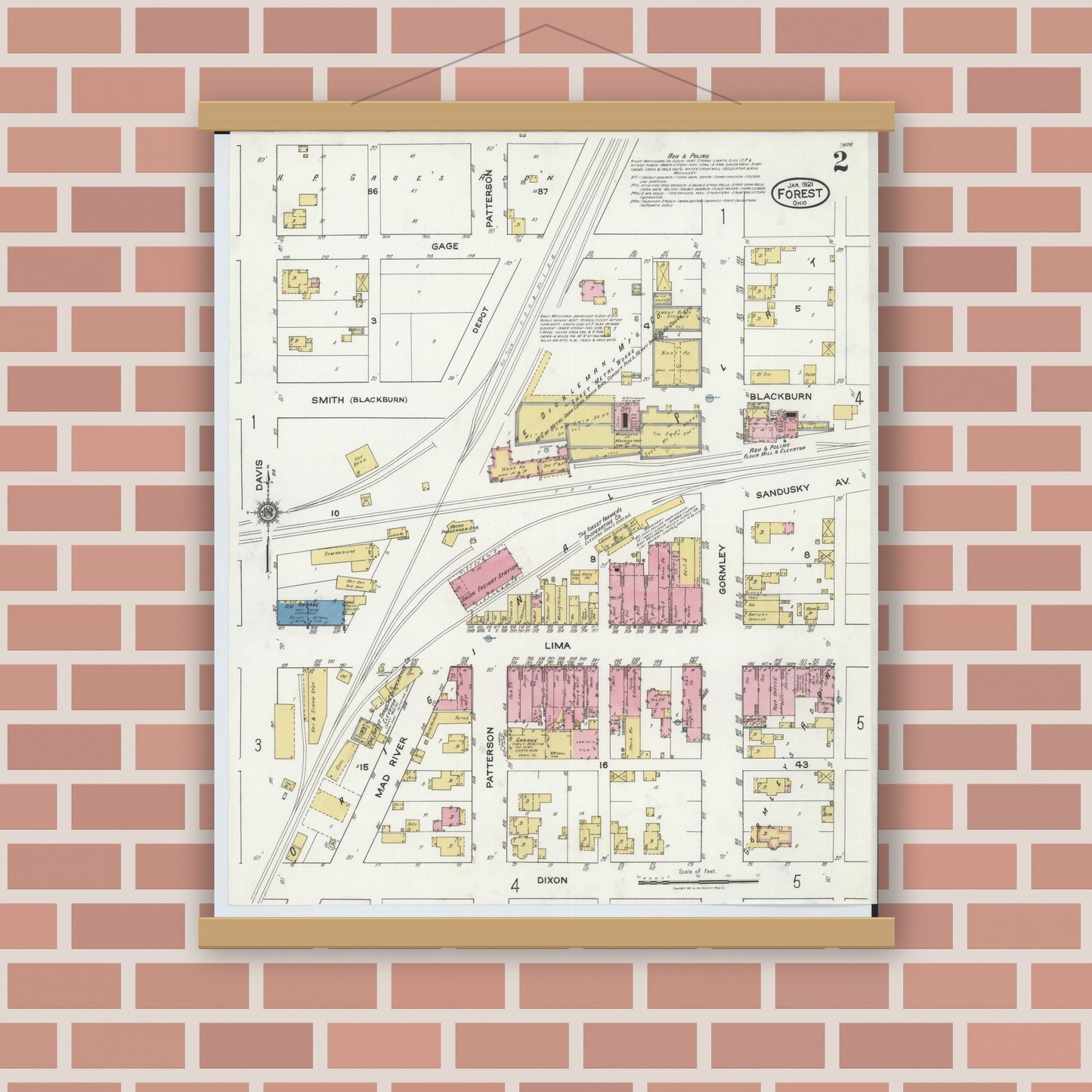 Old map wall art mockup — magnetic wood frame on brick wall — Sanborn Fire Insurance Map from Forest, Hardin County, Ohio (1921), Sheet #0002