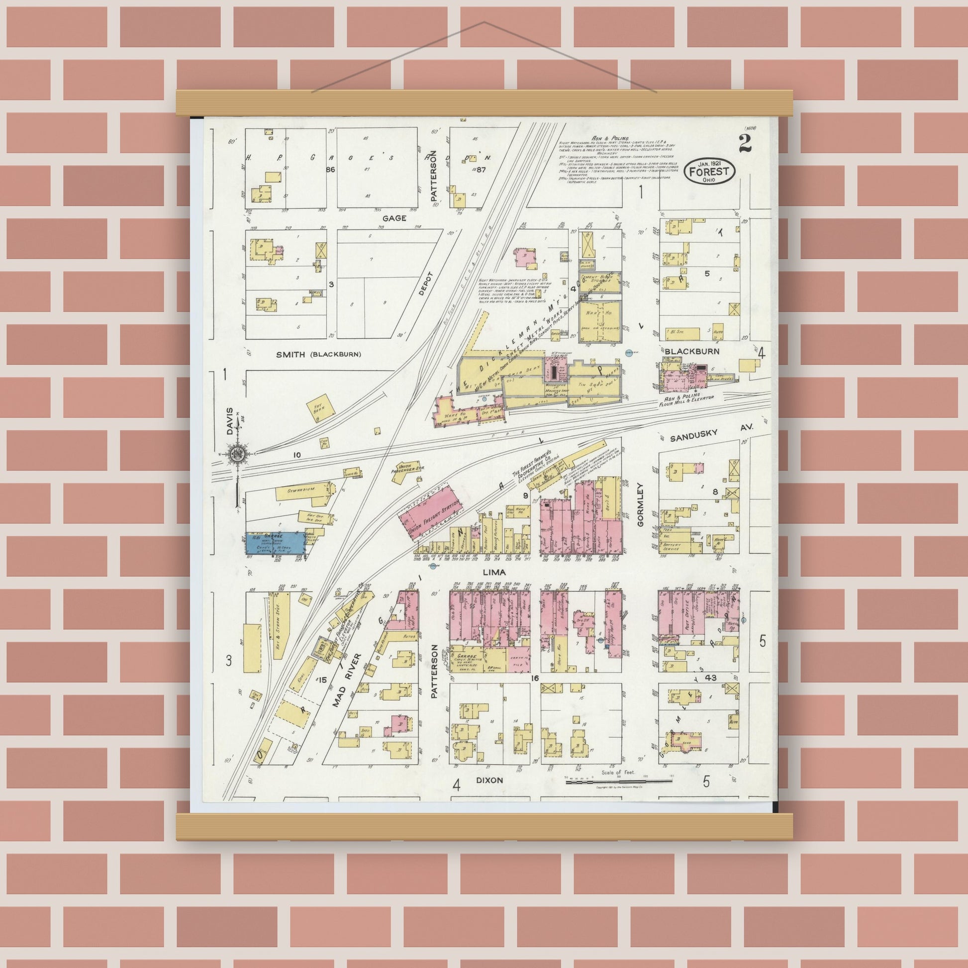 Old map wall art mockup — magnetic wood frame on brick wall — Sanborn Fire Insurance Map from Forest, Hardin County, Ohio (1921), Sheet #0002