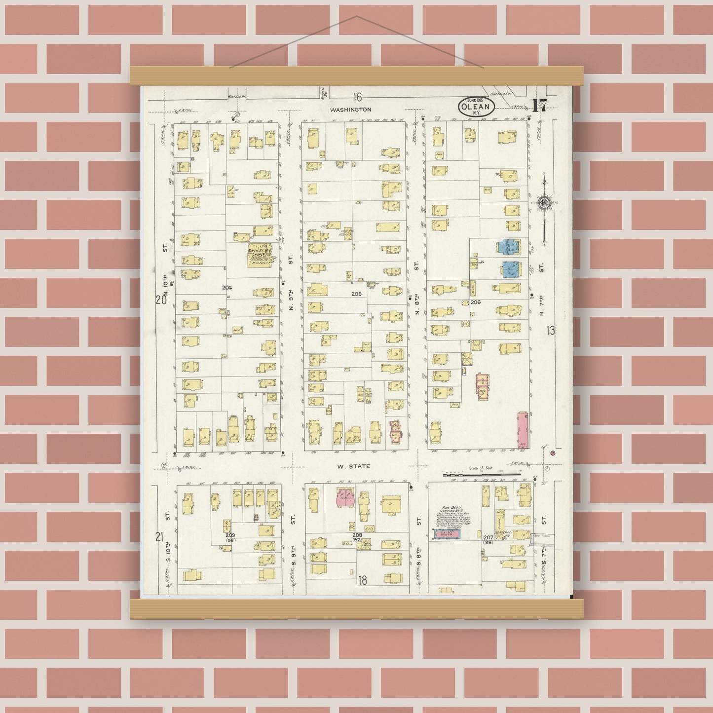 Old map wall art mockup — magnetic wood frame on brick wall — Sanborn Fire Insurance Map from Olean, Cattaraugus County, New York (1915), Sheet #0017