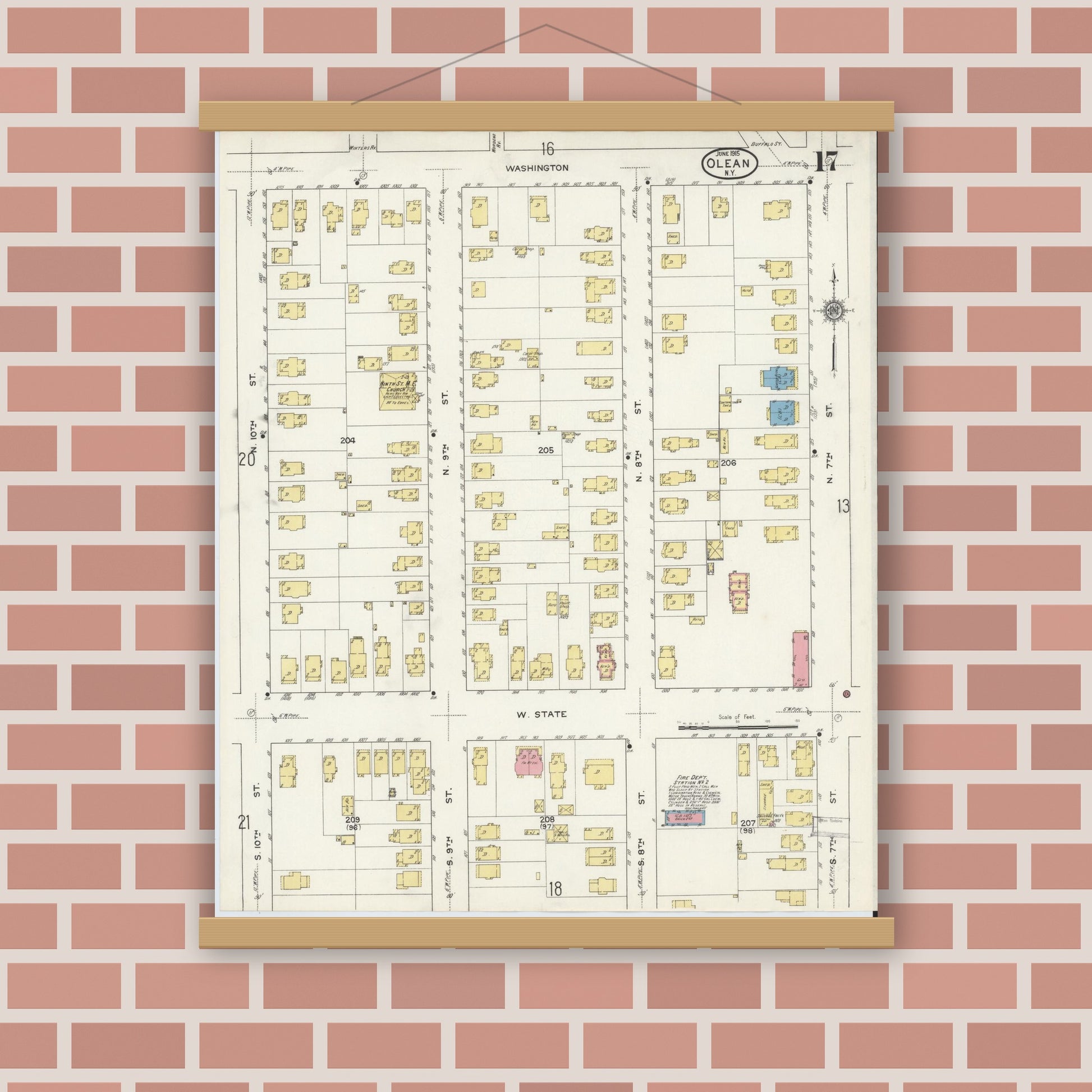 Old map wall art mockup — magnetic wood frame on brick wall — Sanborn Fire Insurance Map from Olean, Cattaraugus County, New York (1915), Sheet #0017