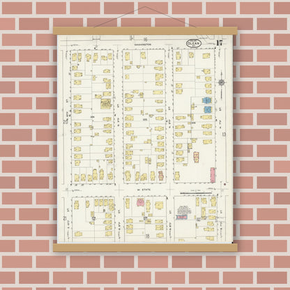Old map wall art mockup — magnetic wood frame on brick wall — Sanborn Fire Insurance Map from Olean, Cattaraugus County, New York (1915), Sheet #0017