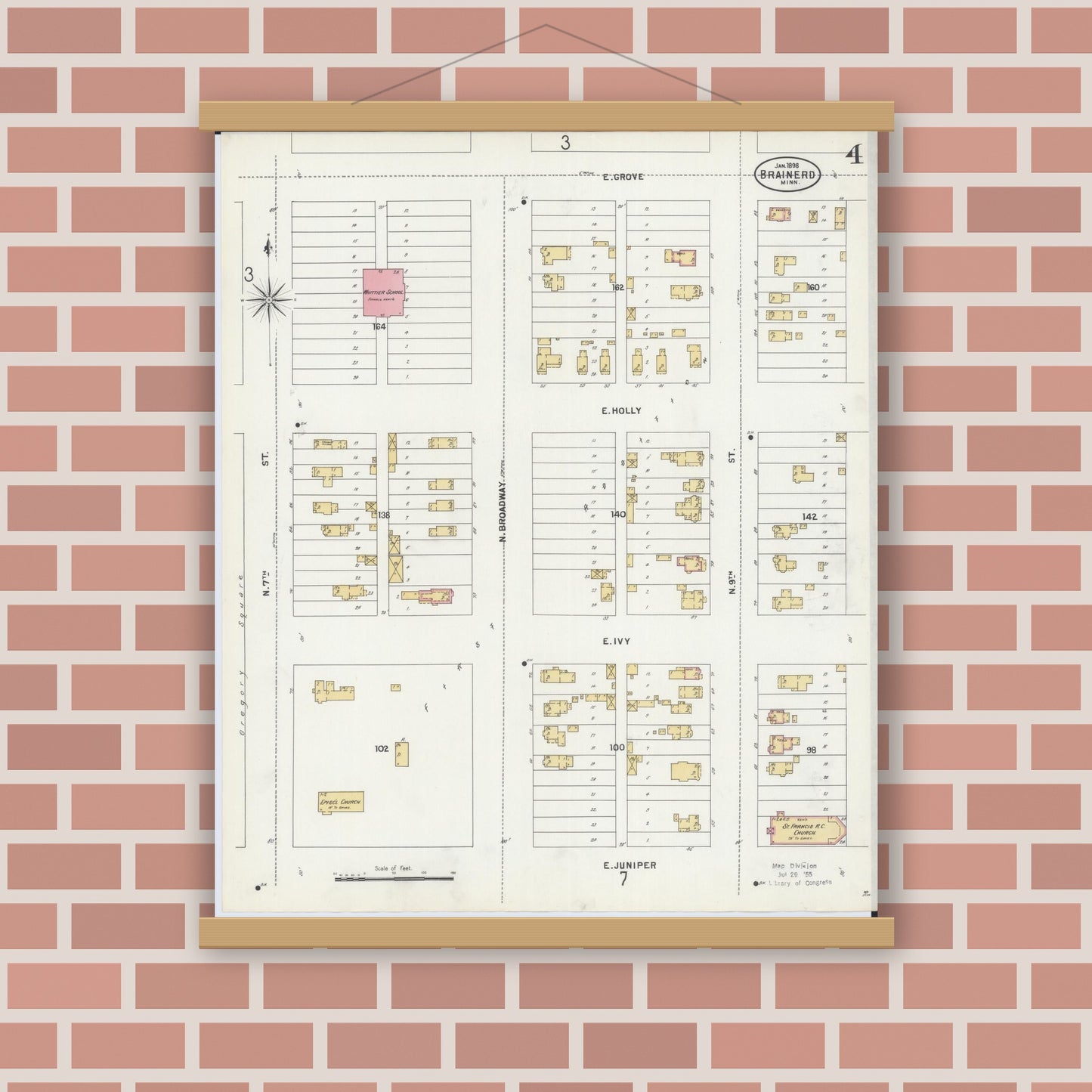 Old map wall art mockup — magnetic wood frame on brick wall — Sanborn Fire Insurance Map from Brainerd, Crow Wing County, Minnesota (1898), Sheet #0004