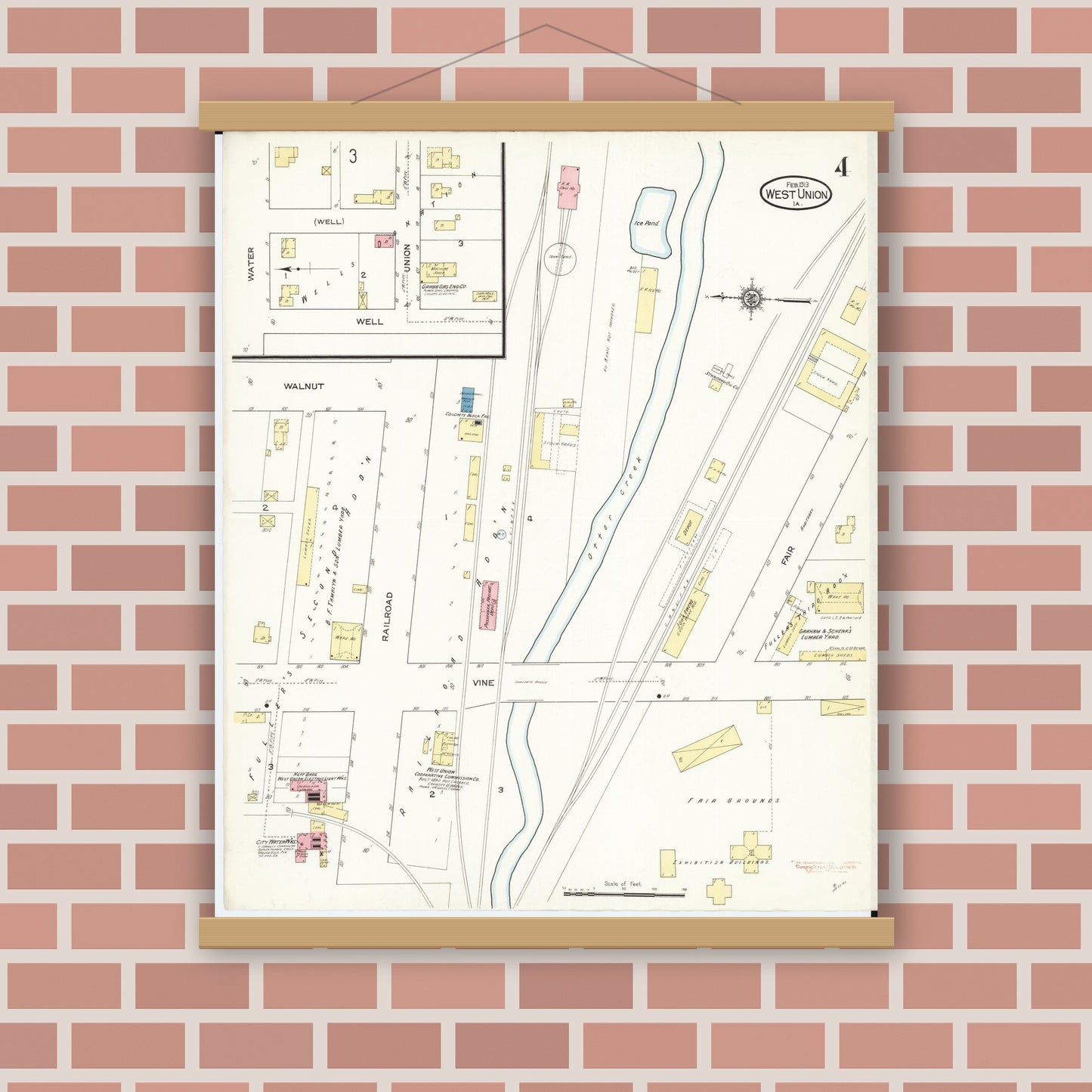 Old map wall art mockup — magnetic wood frame on brick wall — Sanborn Fire Insurance Map from West Union, Fayette County, Iowa (1913), Sheet #0004