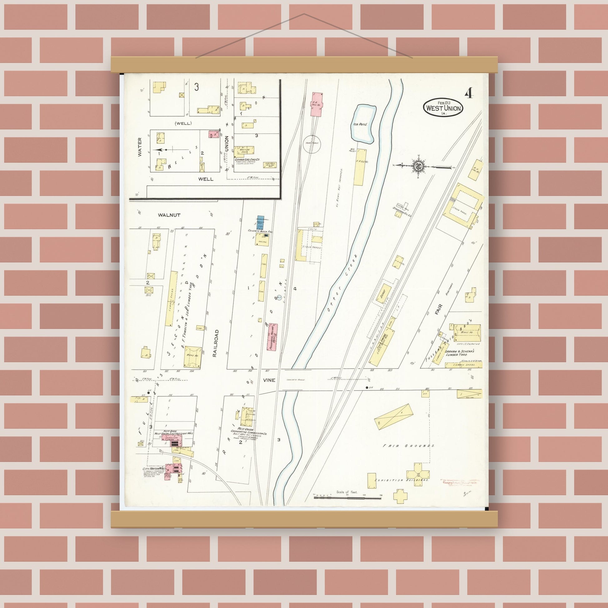 Old map wall art mockup — magnetic wood frame on brick wall — Sanborn Fire Insurance Map from West Union, Fayette County, Iowa (1913), Sheet #0004