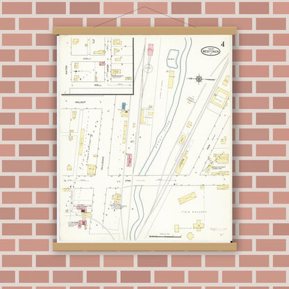 Old map wall art mockup — magnetic wood frame on brick wall — Sanborn Fire Insurance Map from West Union, Fayette County, Iowa (1913), Sheet #0004