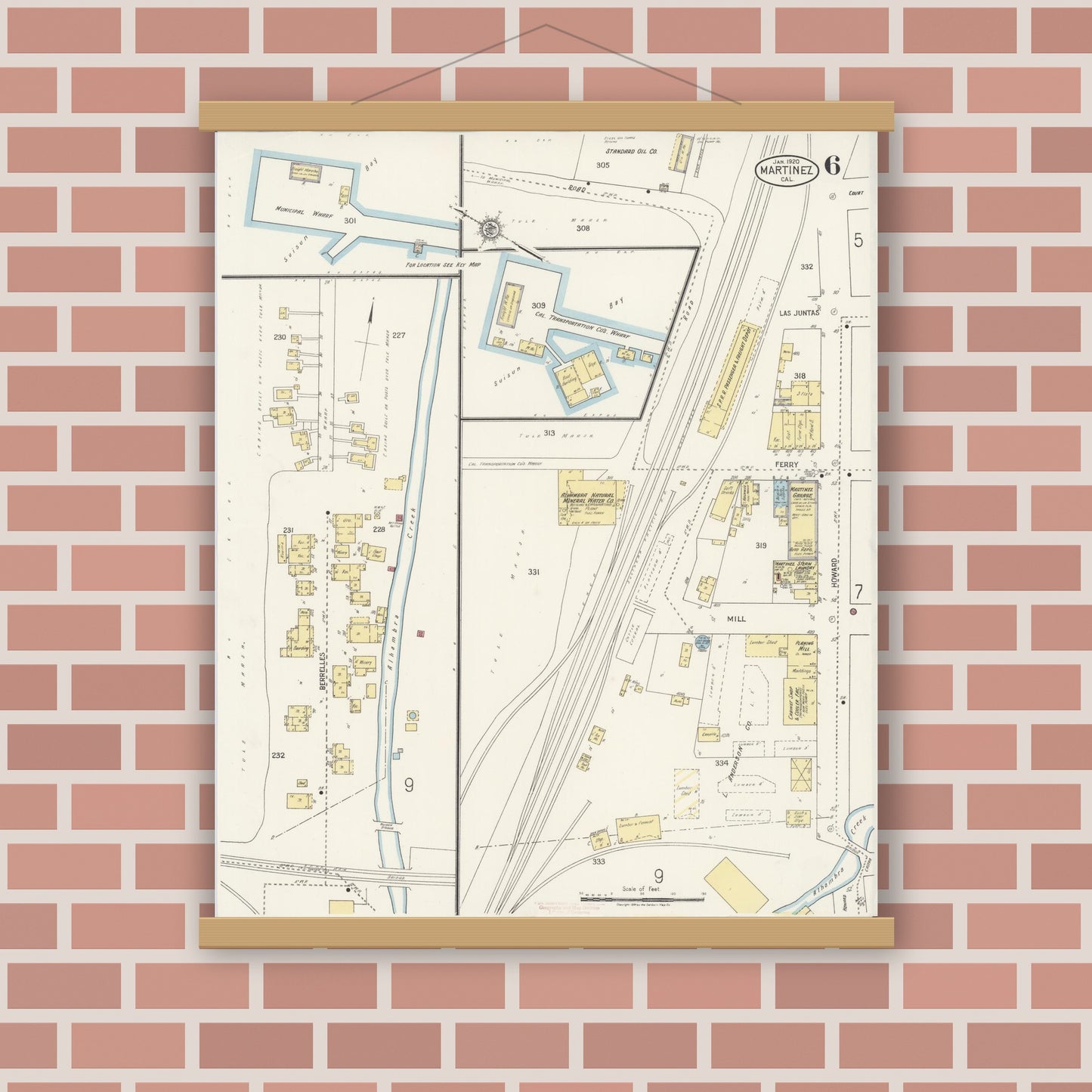 Old map wall art mockup — magnetic wood frame on brick wall — Sanborn Fire Insurance Map from Martinez, Contra Costa County, California (1920), Sheet #0006