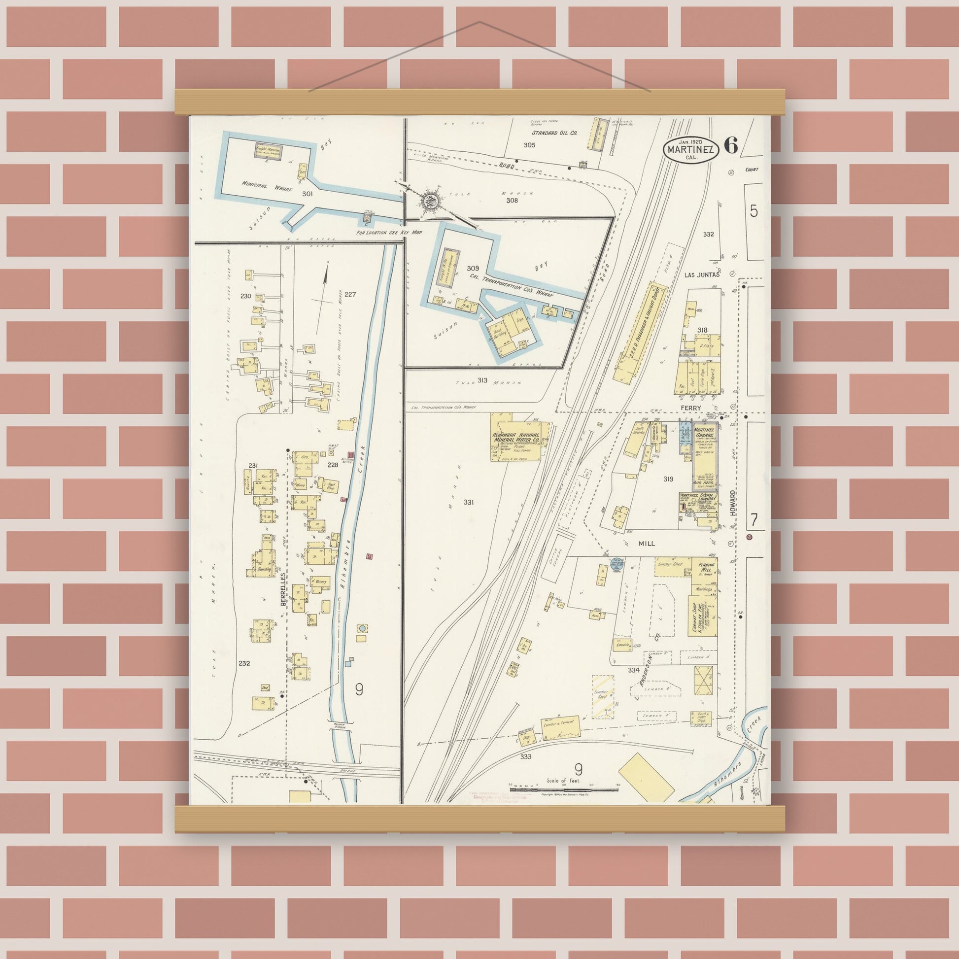 Old map wall art mockup — magnetic wood frame on brick wall — Sanborn Fire Insurance Map from Martinez, Contra Costa County, California (1920), Sheet #0006