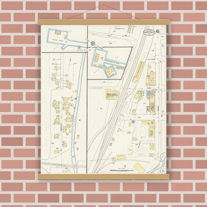 Old map wall art mockup — magnetic wood frame on brick wall — Sanborn Fire Insurance Map from Martinez, Contra Costa County, California (1920), Sheet #0006