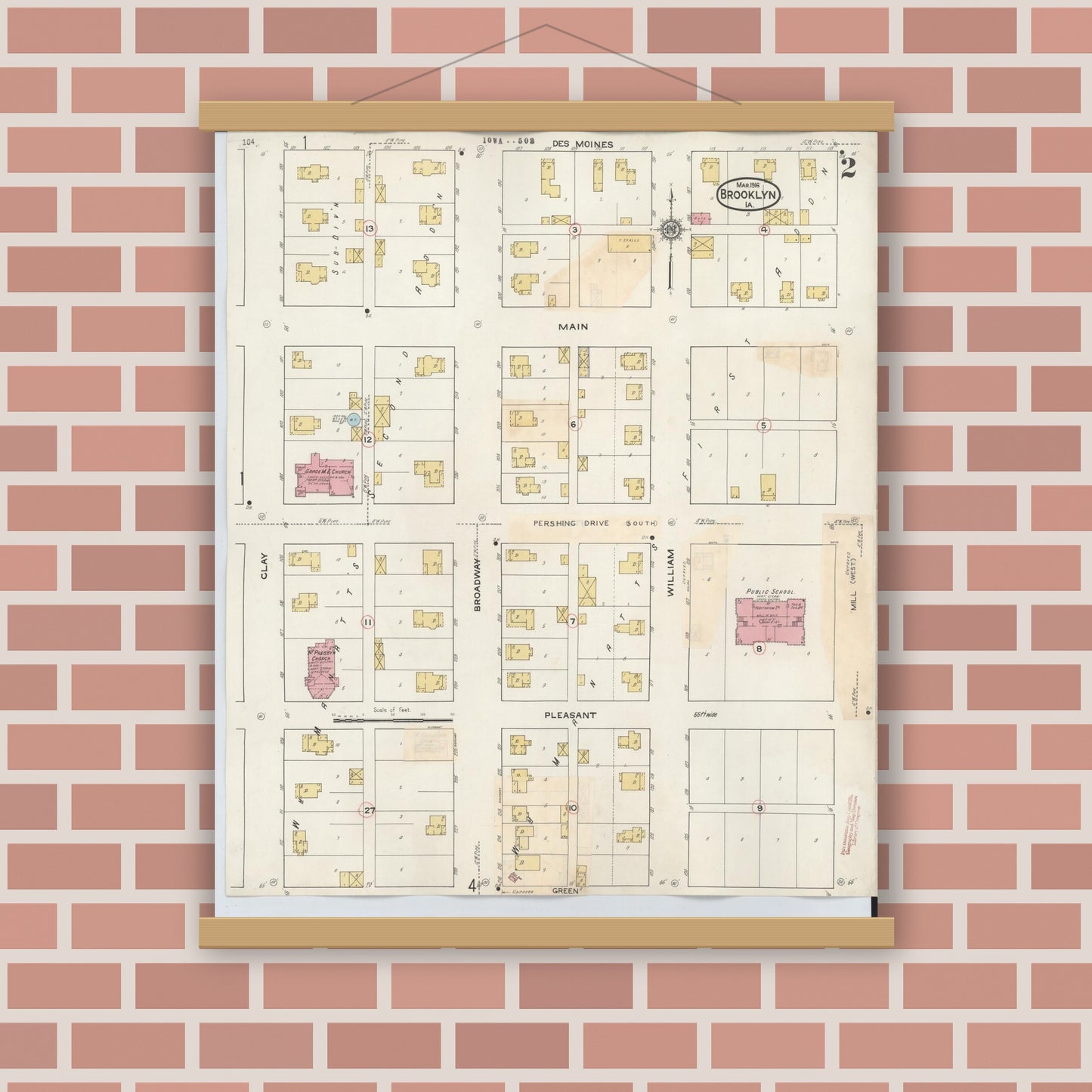 Old map wall art mockup — magnetic wood frame on brick wall — Sanborn Fire Insurance Map from Brooklyn, Poweshiek County, Iowa (1932), Sheet #0002