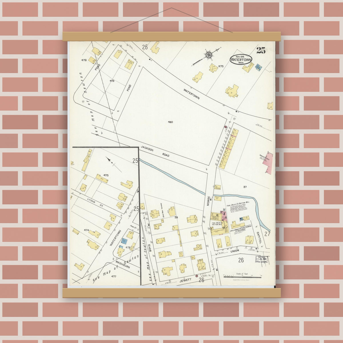 Old map wall art mockup — magnetic wood frame on brick wall — Sanborn Fire Insurance Map from Watertown, Middlesex County, Massachusetts (1916), Sheet #0025
