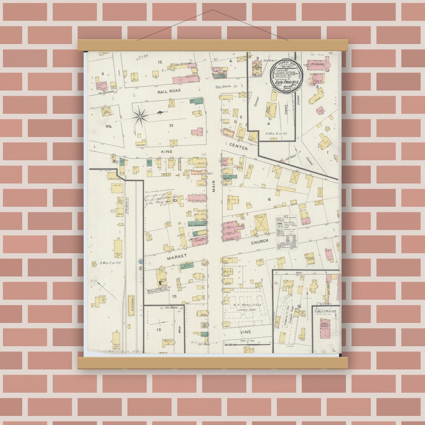 Old map wall art mockup — magnetic wood frame on brick wall — Sanborn Fire Insurance Map from Sun Prairie, Dane County, Wisconsin (1894), Sheet #0001