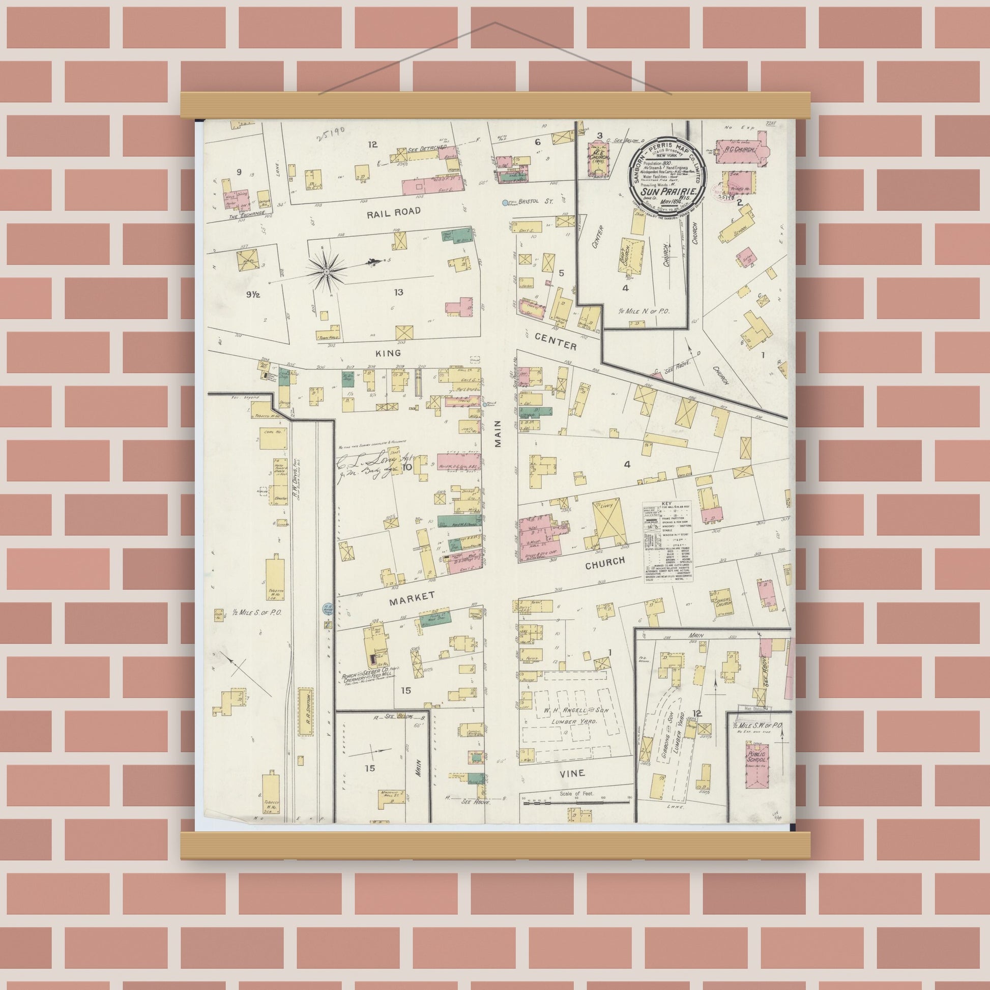 Old map wall art mockup — magnetic wood frame on brick wall — Sanborn Fire Insurance Map from Sun Prairie, Dane County, Wisconsin (1894), Sheet #0001