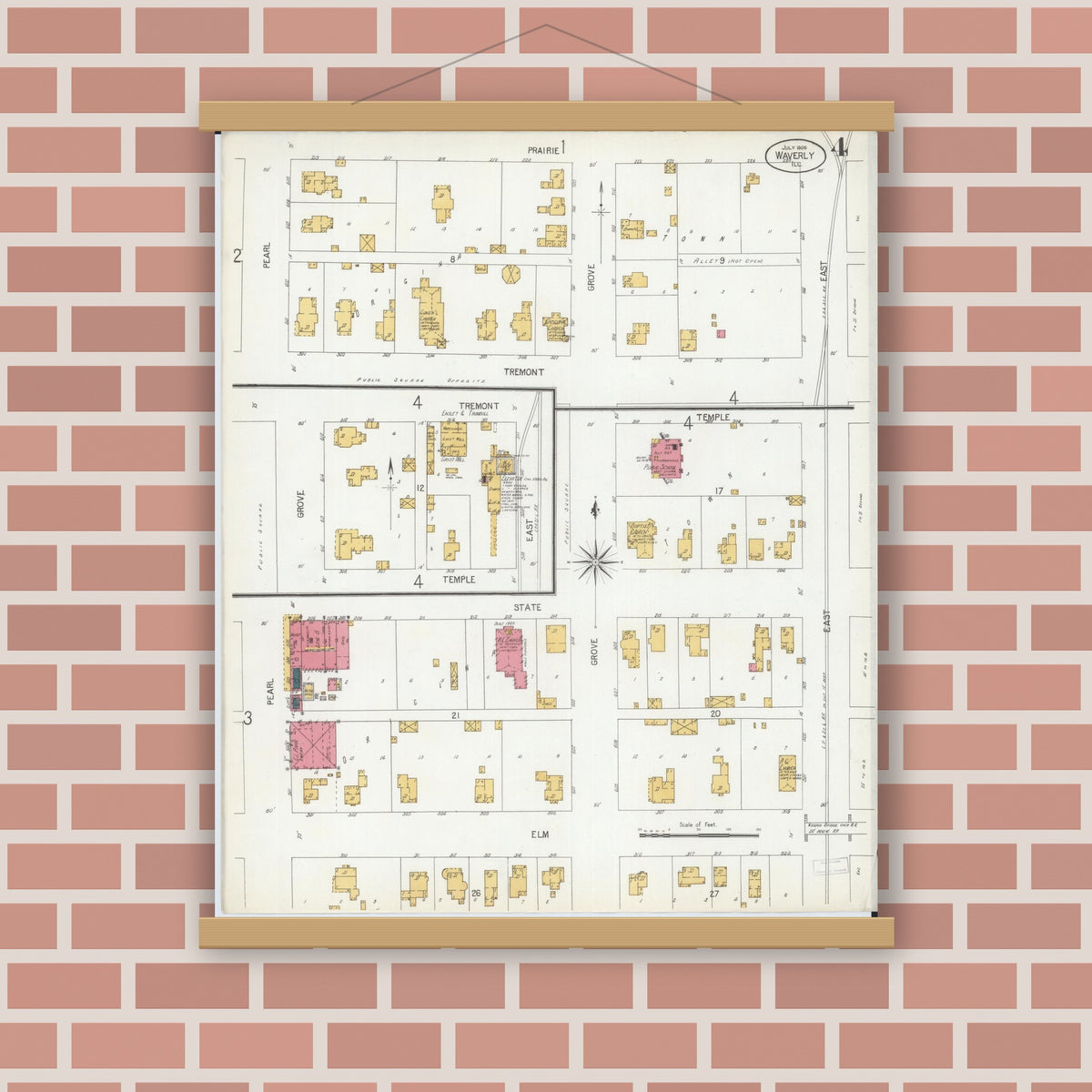 Old map wall art mockup — magnetic wood frame on brick wall — Sanborn Fire Insurance Map from Waverly, Morgan County, Illinois (1906), Sheet #0004