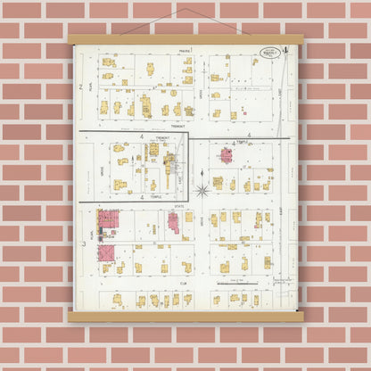 Old map wall art mockup — magnetic wood frame on brick wall — Sanborn Fire Insurance Map from Waverly, Morgan County, Illinois (1906), Sheet #0004