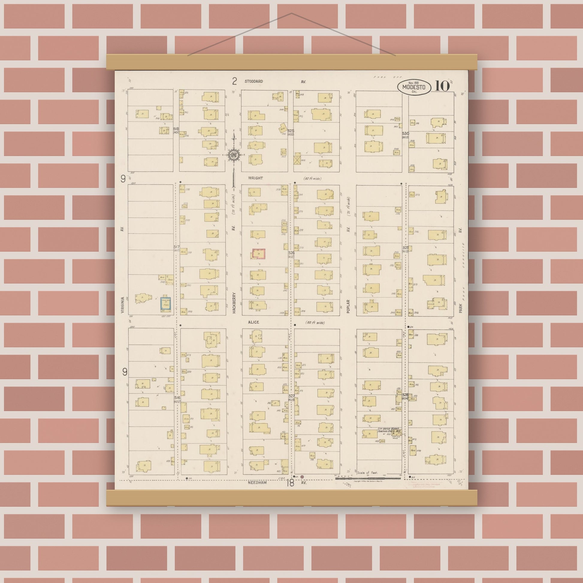 Old map wall art mockup — magnetic wood frame on brick wall — Sanborn Fire Insurance Map from Modesto, Stanislaus County, California (1919), Sheet #0010