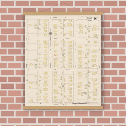 Old map wall art mockup — magnetic wood frame on brick wall — Sanborn Fire Insurance Map from Modesto, Stanislaus County, California (1919), Sheet #0010