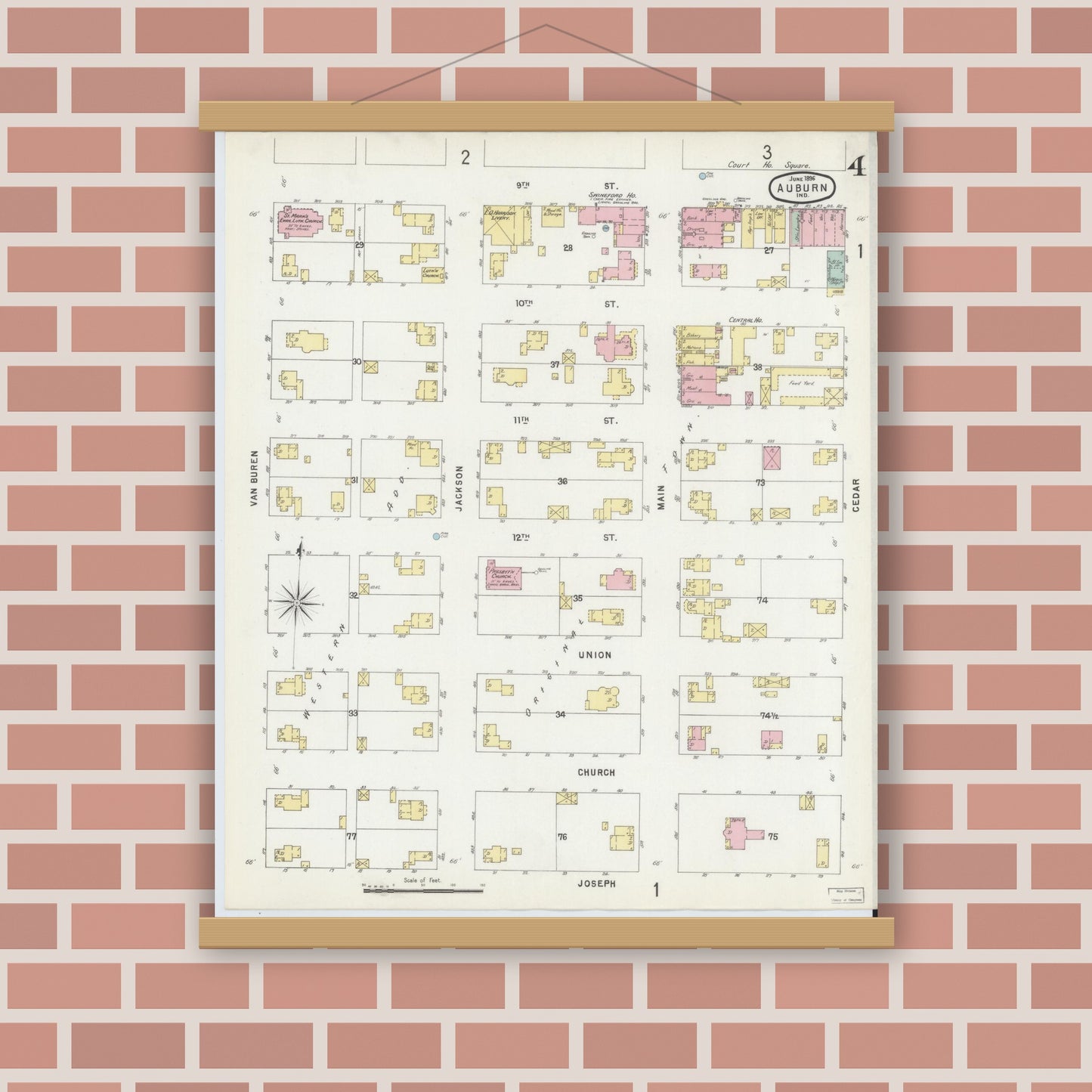 Old map wall art mockup — magnetic wood frame on brick wall — Sanborn Fire Insurance Map from Auburn, De Kalb County, Indiana (1896), Sheet #0004