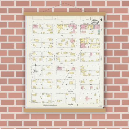 Old map wall art mockup — magnetic wood frame on brick wall — Sanborn Fire Insurance Map from Auburn, De Kalb County, Indiana (1896), Sheet #0004