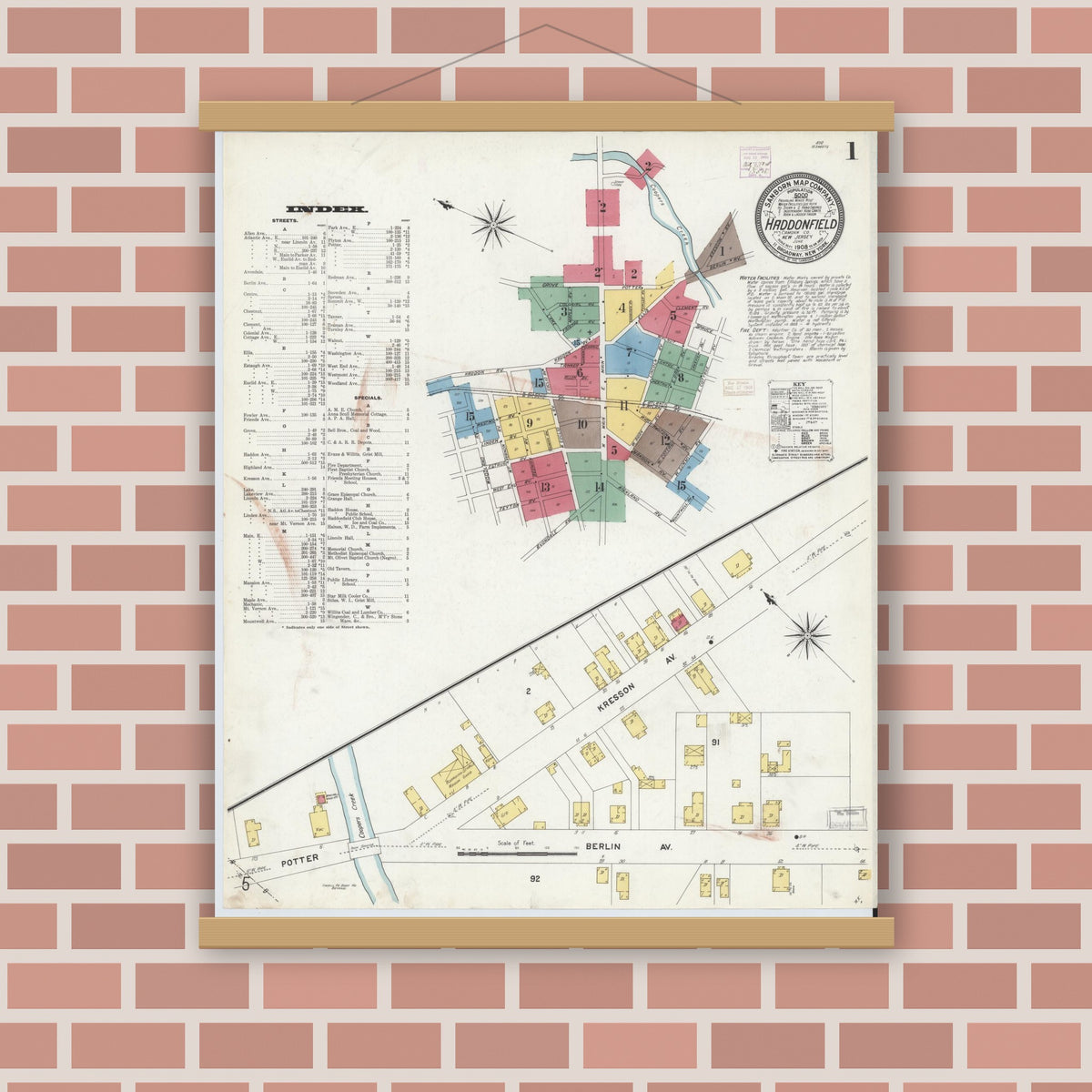 Old map wall art mockup — magnetic wood frame on brick wall — Sanborn Fire Insurance Map from Haddonfield, Camden County, New Jersey (1908) - Complete Map Set