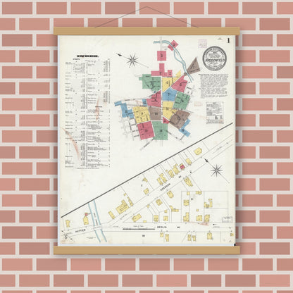 Old map wall art mockup — magnetic wood frame on brick wall — Sanborn Fire Insurance Map from Haddonfield, Camden County, New Jersey (1908) - Complete Map Set