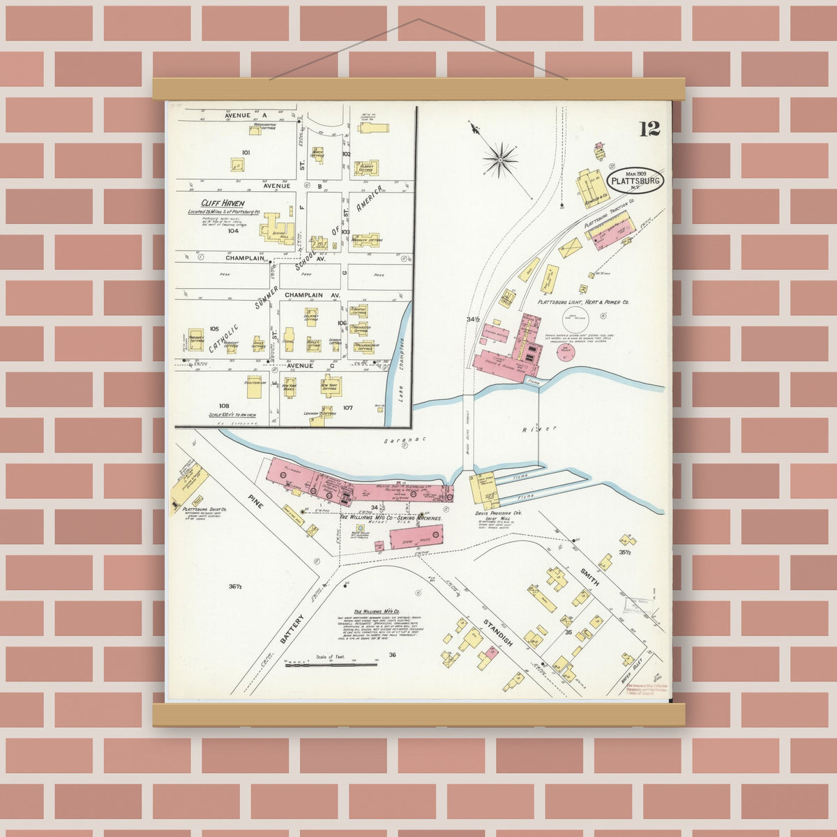 Old map wall art mockup — magnetic wood frame on brick wall — Sanborn Fire Insurance Map from Plattsburg, Clinton County, New York (1909), Sheet #0011