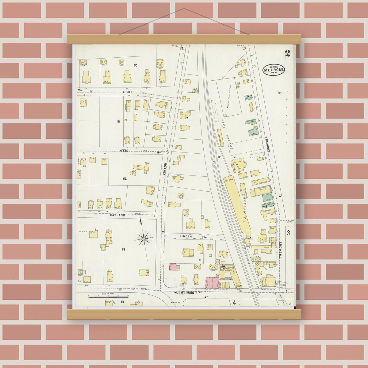 Old map wall art mockup — magnetic wood frame on brick wall — Sanborn Fire Insurance Map from Melrose, Middlesex County, Massachusetts (1897), Sheet #0002