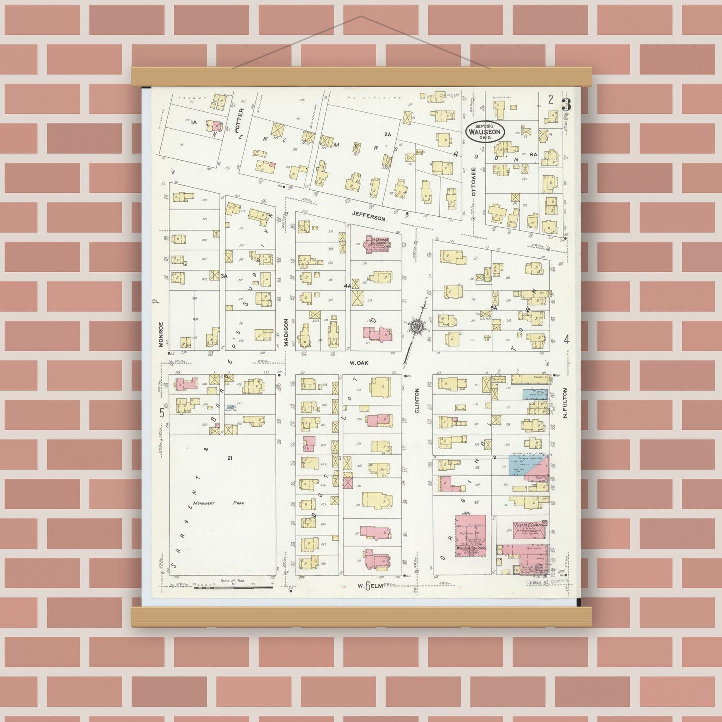 Old map wall art mockup — magnetic wood frame on brick wall — Sanborn Fire Insurance Map from Wauseon, Fulton County, Ohio (1910), Sheet #0003