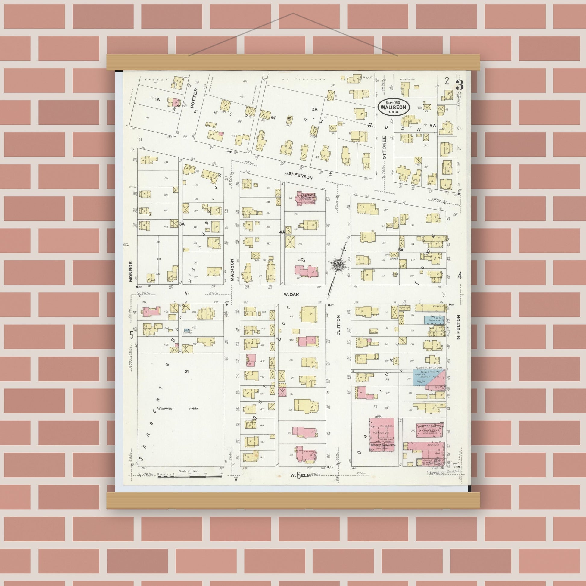 Old map wall art mockup — magnetic wood frame on brick wall — Sanborn Fire Insurance Map from Wauseon, Fulton County, Ohio (1910), Sheet #0003