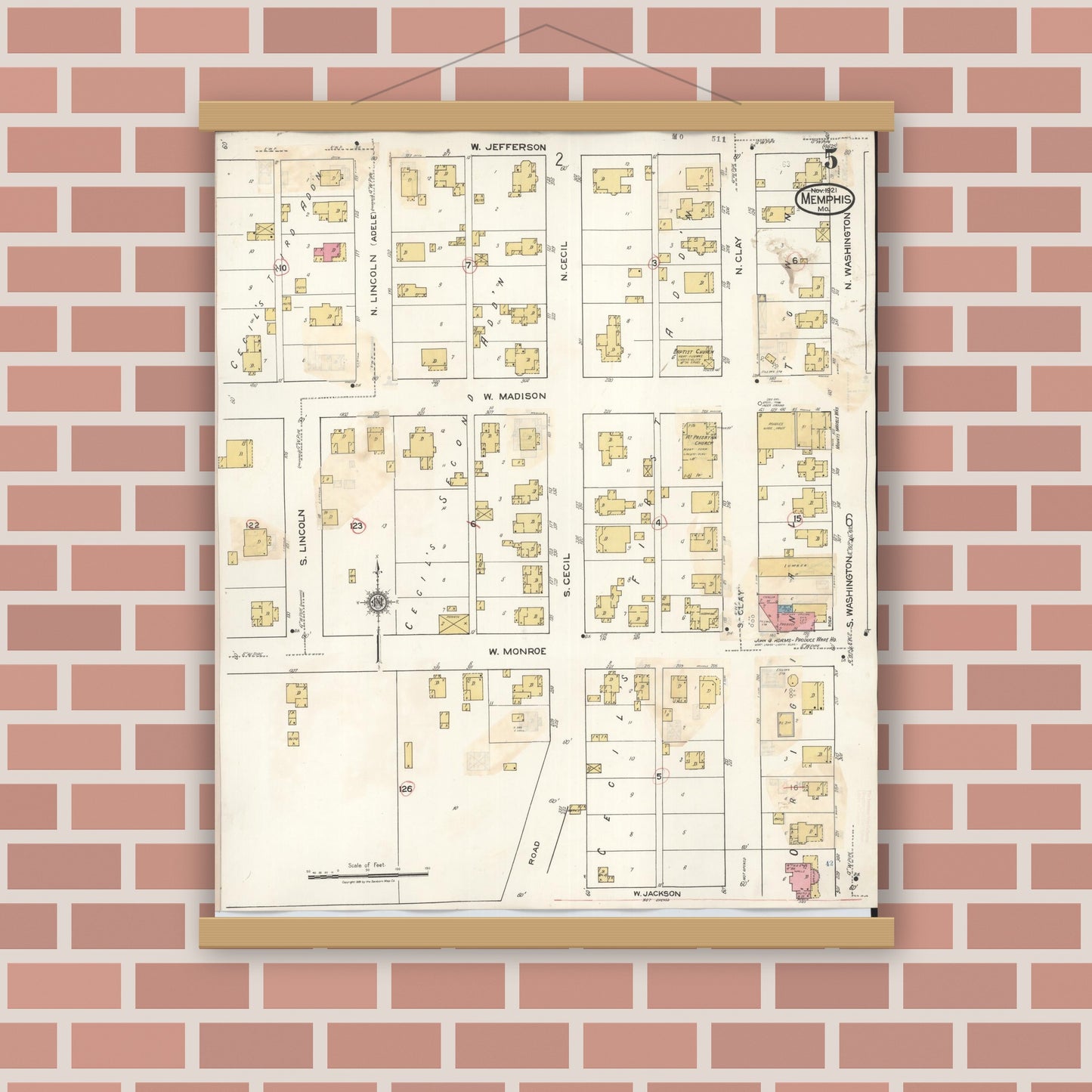 Old map wall art mockup — magnetic wood frame on brick wall — Sanborn Fire Insurance Map from Memphis, Scotland County, Missouri (1936), Sheet #0005