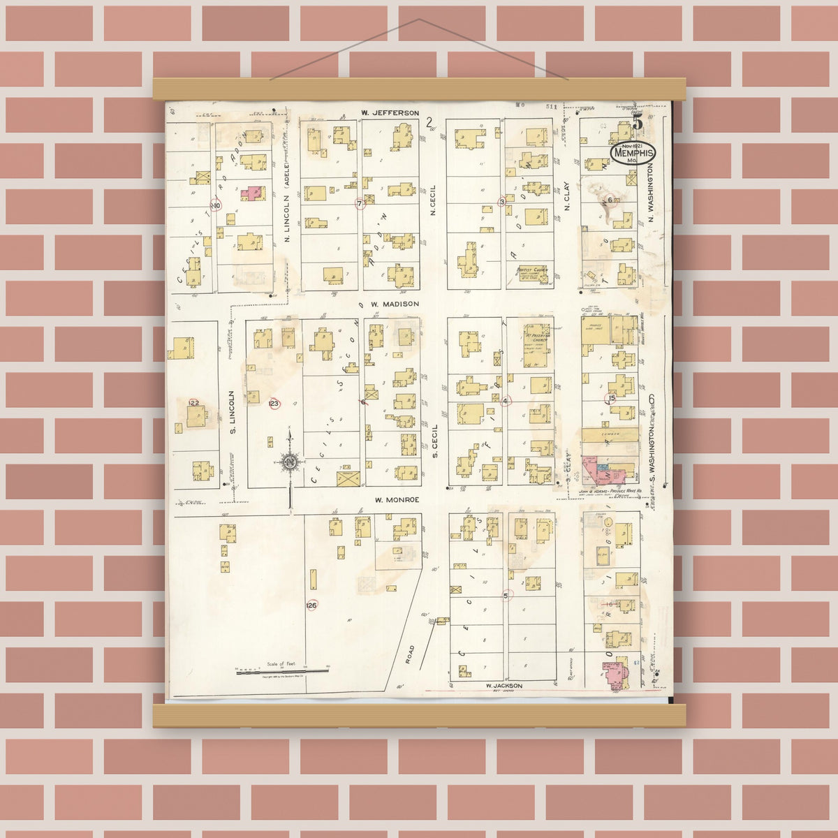 Old map wall art mockup — magnetic wood frame on brick wall — Sanborn Fire Insurance Map from Memphis, Scotland County, Missouri (1936), Sheet #0005