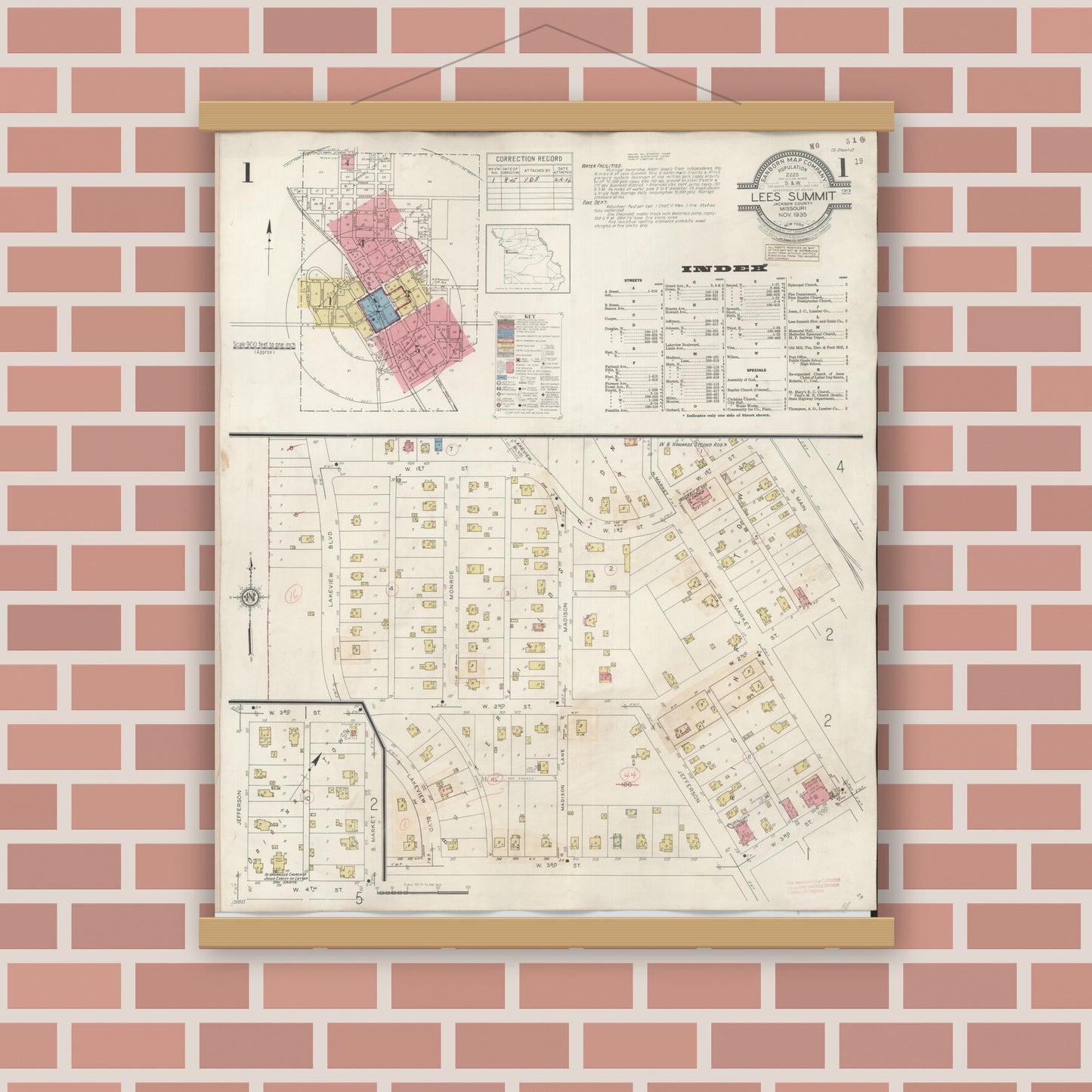 Old map wall art mockup — magnetic wood frame on brick wall — Sanborn Fire Insurance Map from Lee's Summit, Jackson County, Missouri (1945), Sheet #0001