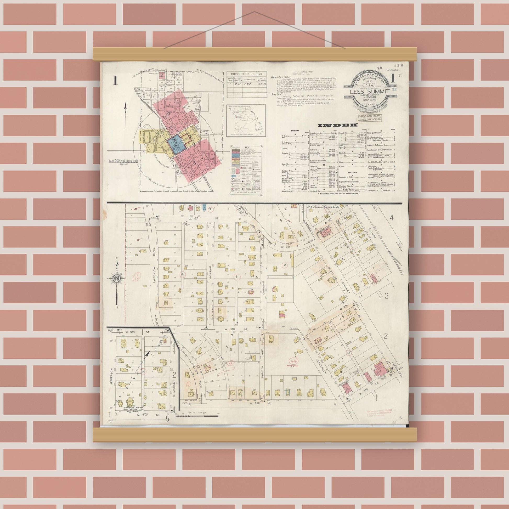 Old map wall art mockup — magnetic wood frame on brick wall — Sanborn Fire Insurance Map from Lee's Summit, Jackson County, Missouri (1945), Sheet #0001