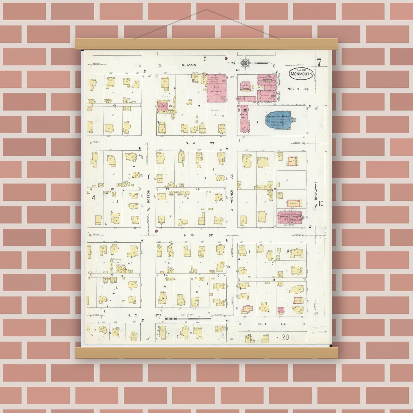 Old map wall art mockup — magnetic wood frame on brick wall — Sanborn Fire Insurance Map from Monmouth, Warren County, Illinois (1913), Sheet #0007