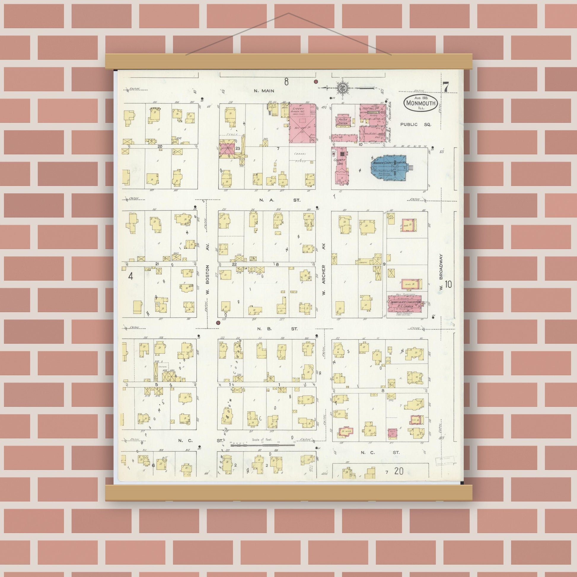 Old map wall art mockup — magnetic wood frame on brick wall — Sanborn Fire Insurance Map from Monmouth, Warren County, Illinois (1913), Sheet #0007