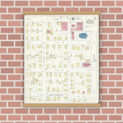 Old map wall art mockup — magnetic wood frame on brick wall — Sanborn Fire Insurance Map from Monmouth, Warren County, Illinois (1913), Sheet #0007